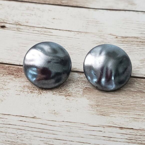 Vintage Clip On Earrings - Metallic Gray Circle 1" - Picture 1 of 4